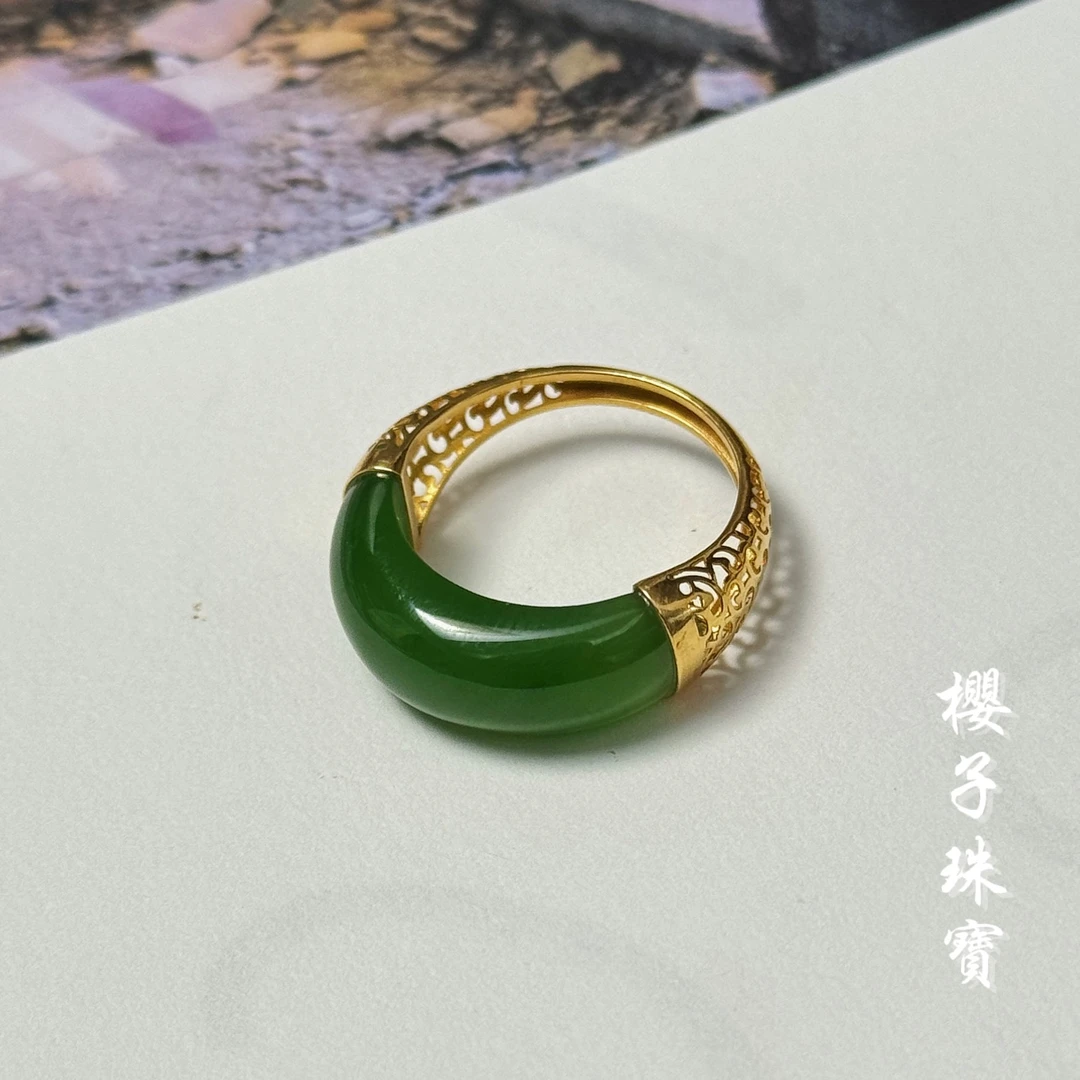 樱子 | 春望 18K金和田碧玉辣阳绿猫眼时尚设计戒指*YZBYJ2581