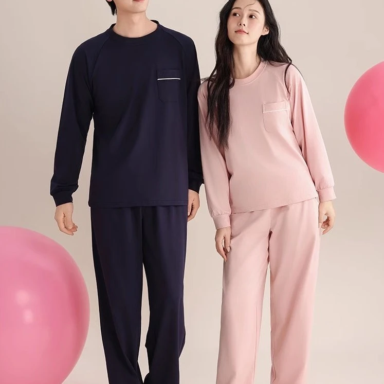 新款情侣套头圆领家居服春秋男女长袖长裤可外穿纯棉睡衣套装