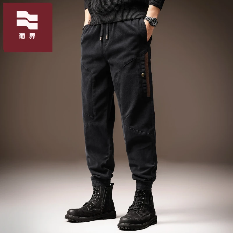 高端美式潮牌束脚工装裤男宽松舒适弹力秋季新款系带拼接休闲裤子