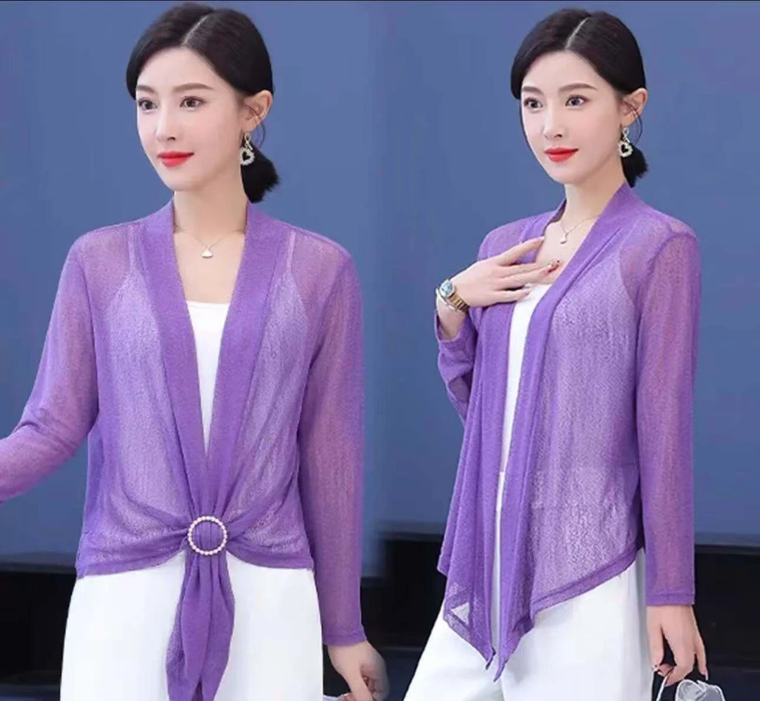 【送精美胸针】冰丝网纱外搭薄款防晒夏短款女吊带裙子百搭大码开衫