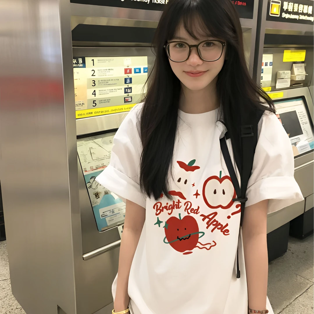 【可爱红苹果】韩系甜美可爱短袖女2025夏季宽松纯棉T恤休闲百搭ins