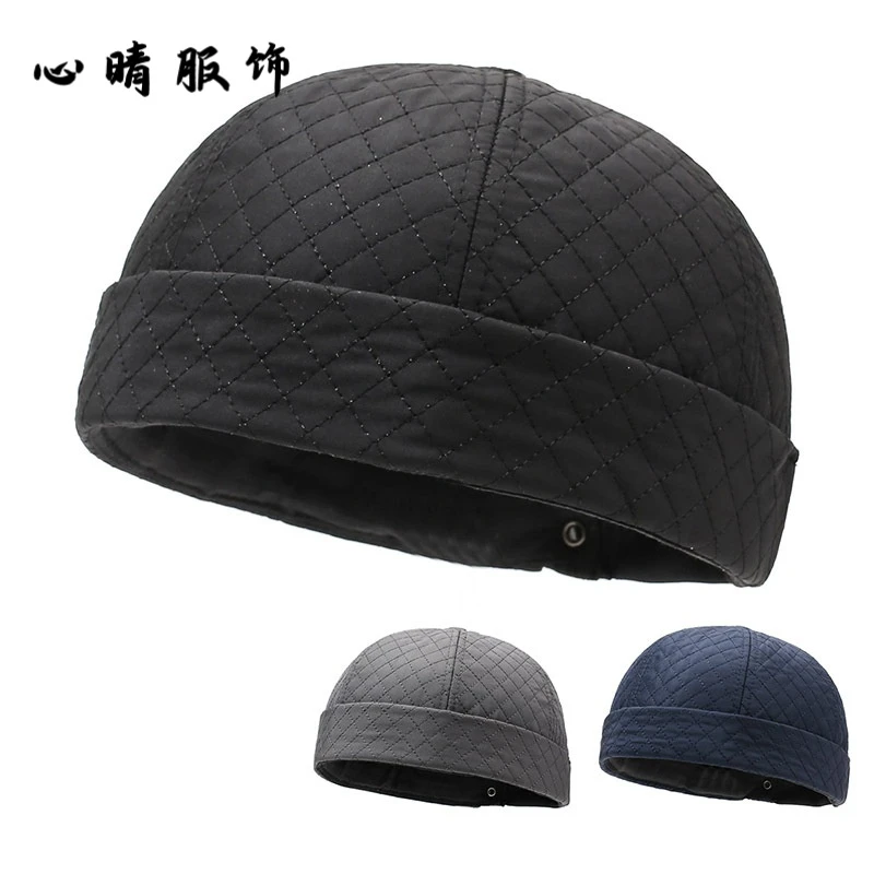 男士帽子新款棉帽菱格刺绣瓜皮帽户外休闲秋冬加绒加厚保暖地主帽