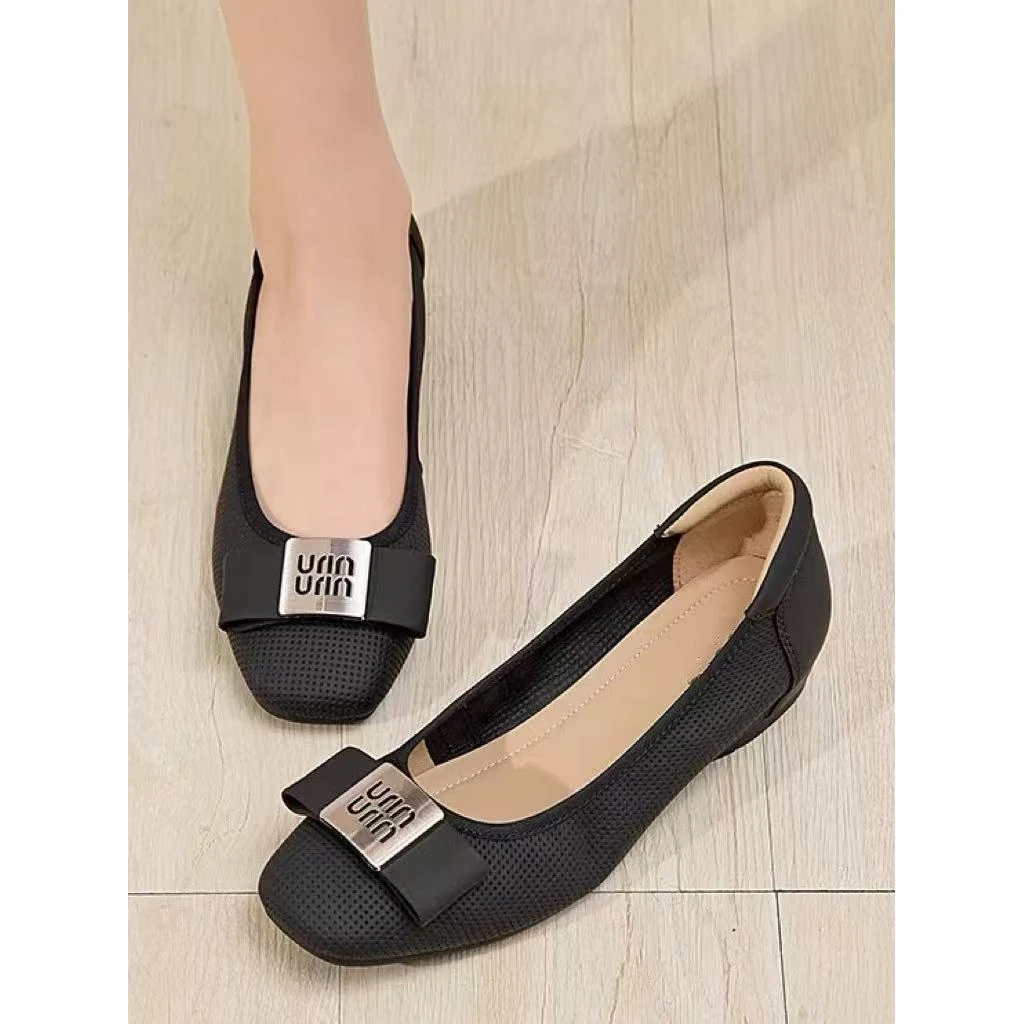 C3276  黑色 时尚方头舒适低跟浅口真皮女单鞋