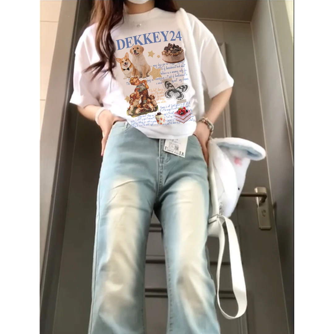 Labzaa潮牌趣味狗狗蛋糕字母印花纯棉短袖T恤女春款打底内搭上衣