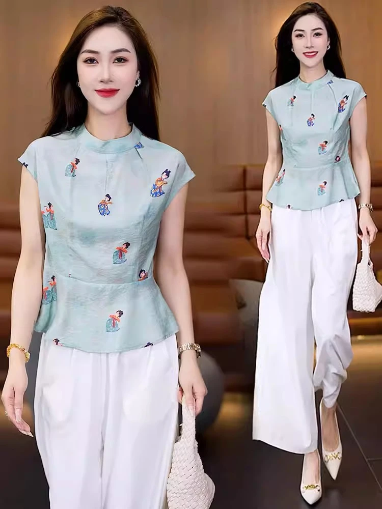 时尚洋气套装女夏季新款新中式国风提花短袖上衣阔腿裤休闲两件套