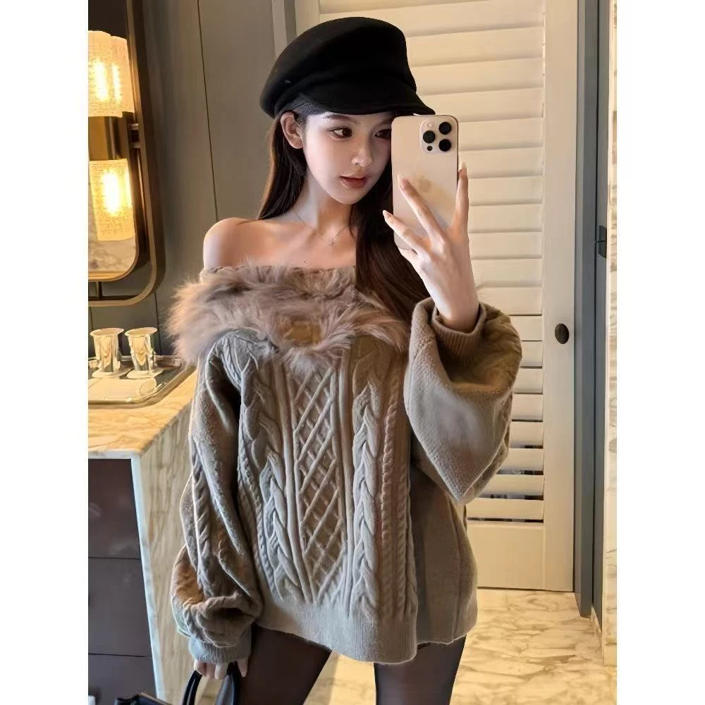 法式纯欲一字肩毛毛领针织显瘦气质上衣女新款冬季慵懒风加厚毛衣