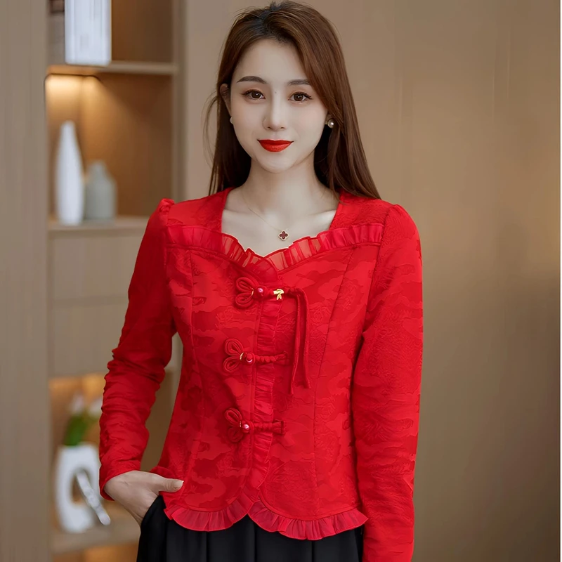 新中式国风设计2025春季新款提花气质显瘦打底衫女复古盘扣妈妈装