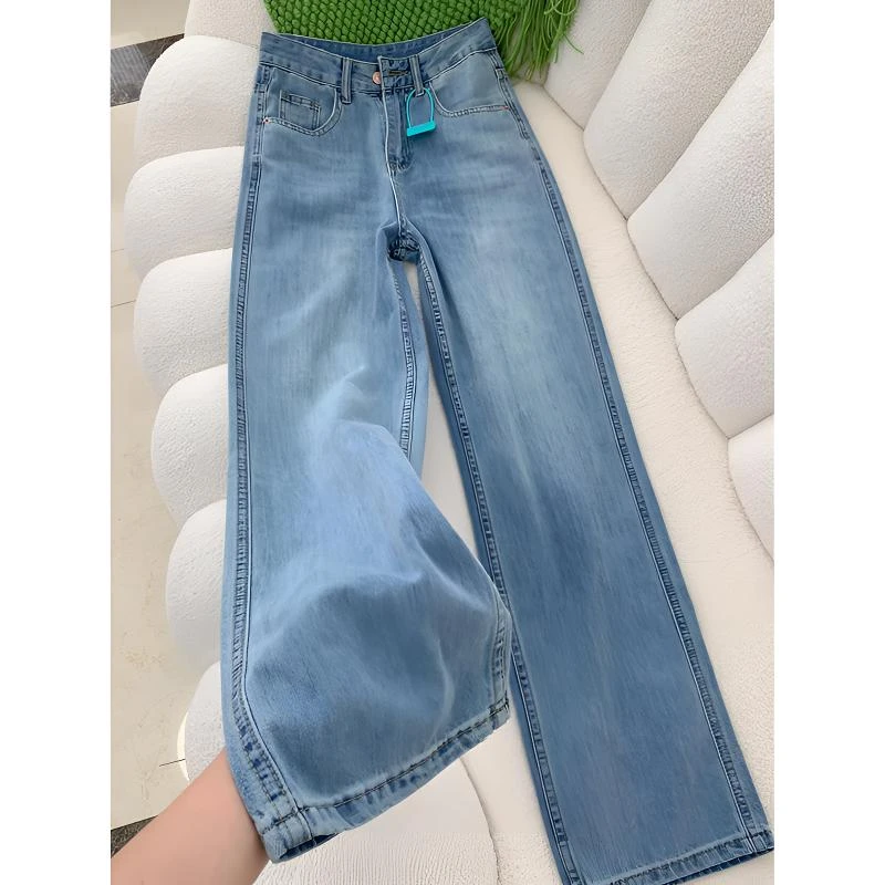 窄版阔腿牛仔裤女早秋新款梨型身材高腰遮胯百搭直筒拖地裤子