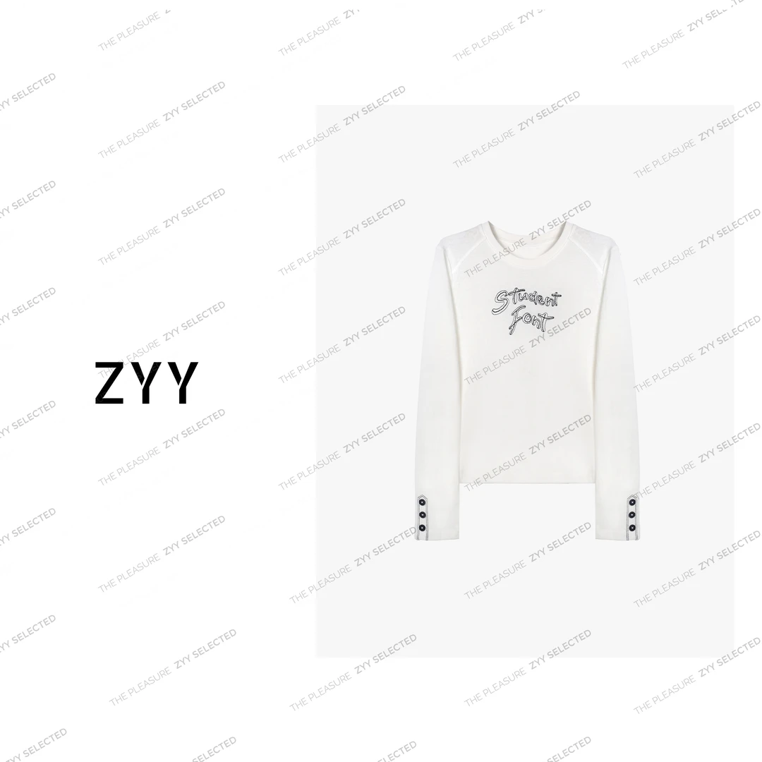ZYY【晨光密信】2025S/S新品字母绣花极简时尚长袖T恤女X25CTX0123