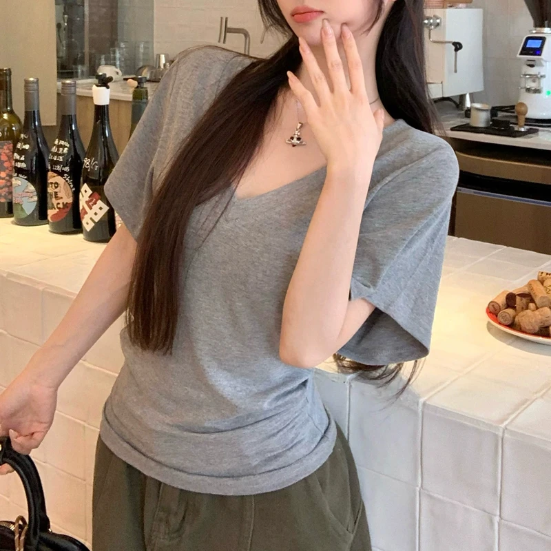半袖V领掐腰短袖T恤女大码胖mm夏季巨遮肉显瘦韩版百搭纯色上衣