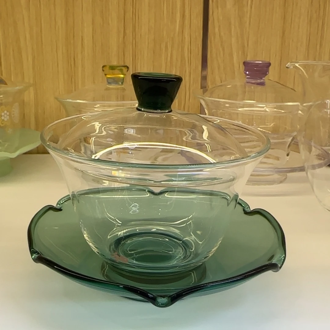 玻璃手工艺品禾器荷叶盖碗墨绿色