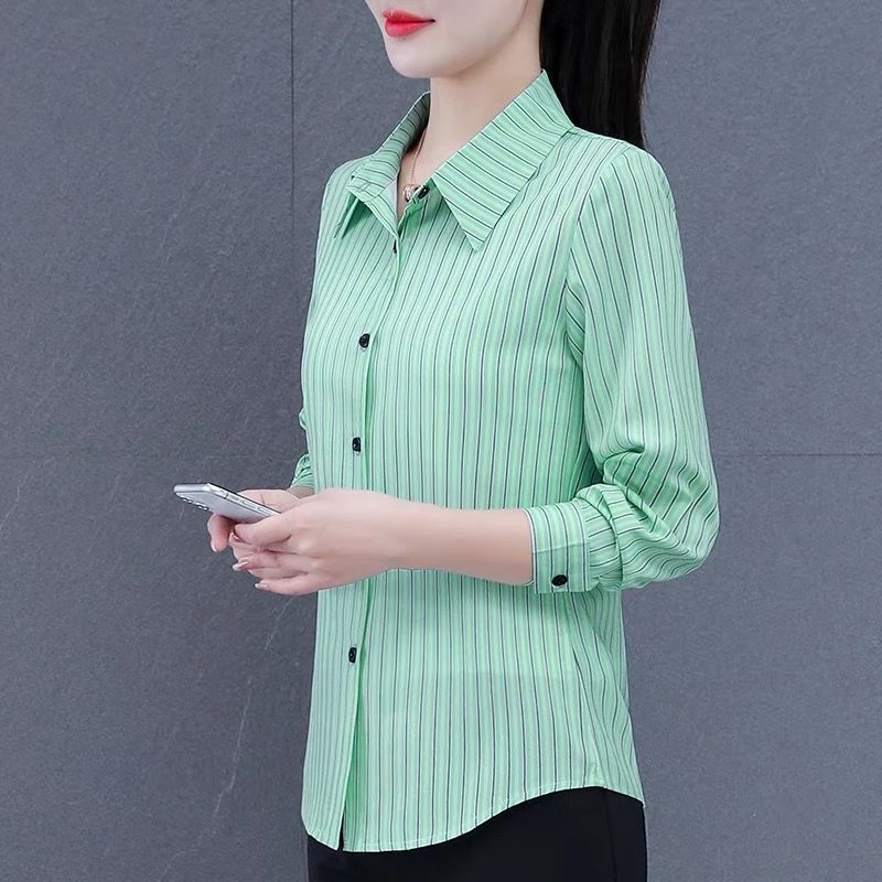 时尚雪纺条纹长袖女士衬衫秋季新款韩版休闲职业百搭薄款翻领衬衣