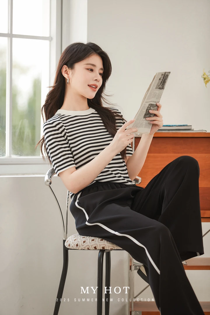 华家曼商场同款2025夏款松紧腰头黑色长裤