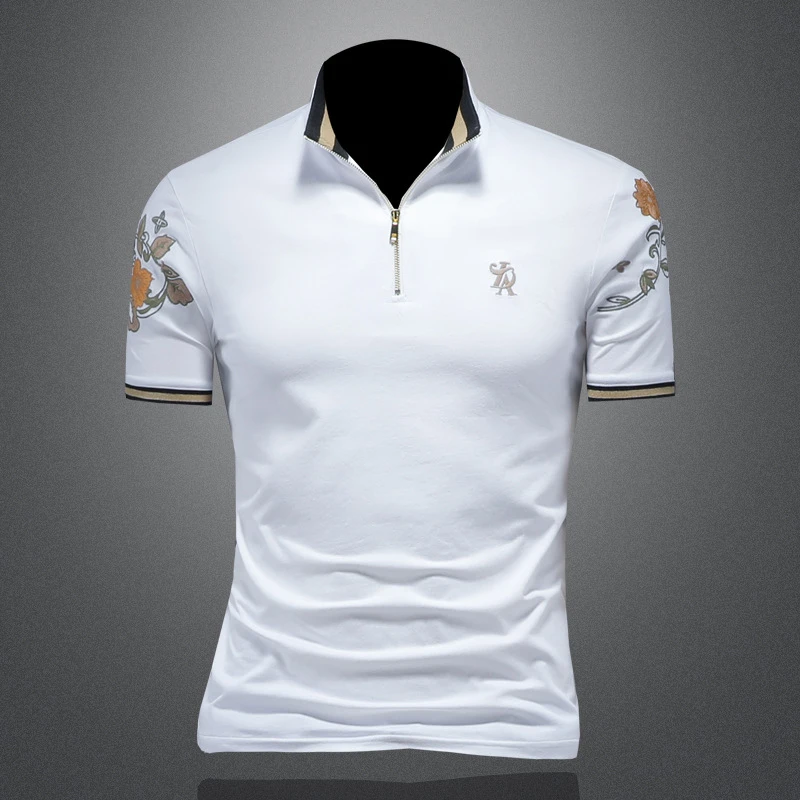 顿奇摩费涅高端时尚夏季新款轻奢潮流刺绣丝光棉男士短袖t恤潮牌