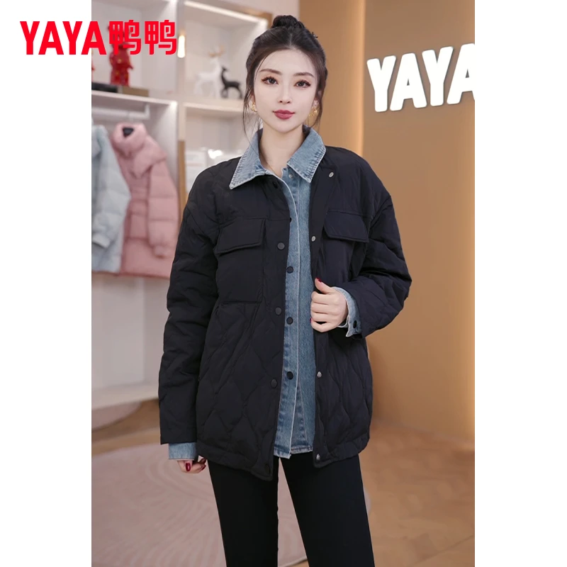 时尚百搭户外休闲运动女士牛仔拼接简约短款羽绒服