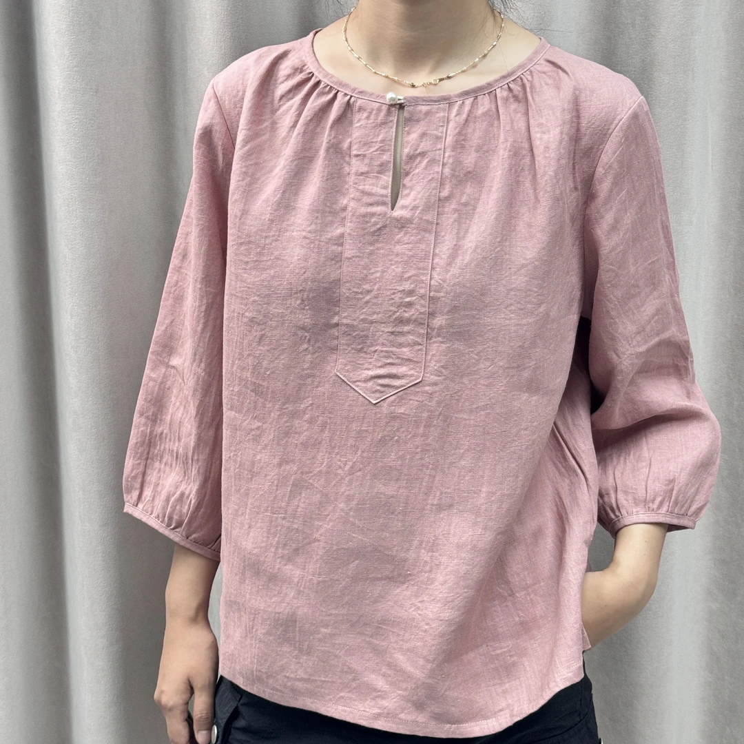 【双雨露24支】100%重磅汉麻女士珍珠小衫新中式宽松中袖复古夏季