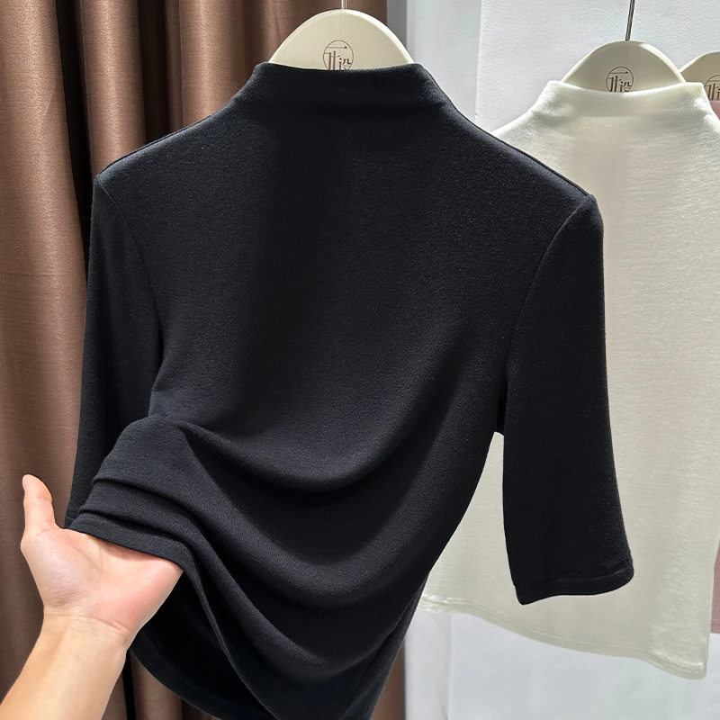 黑色显瘦冰丝针织中袖T恤女春秋新款气质半高领正肩显瘦打底上衣