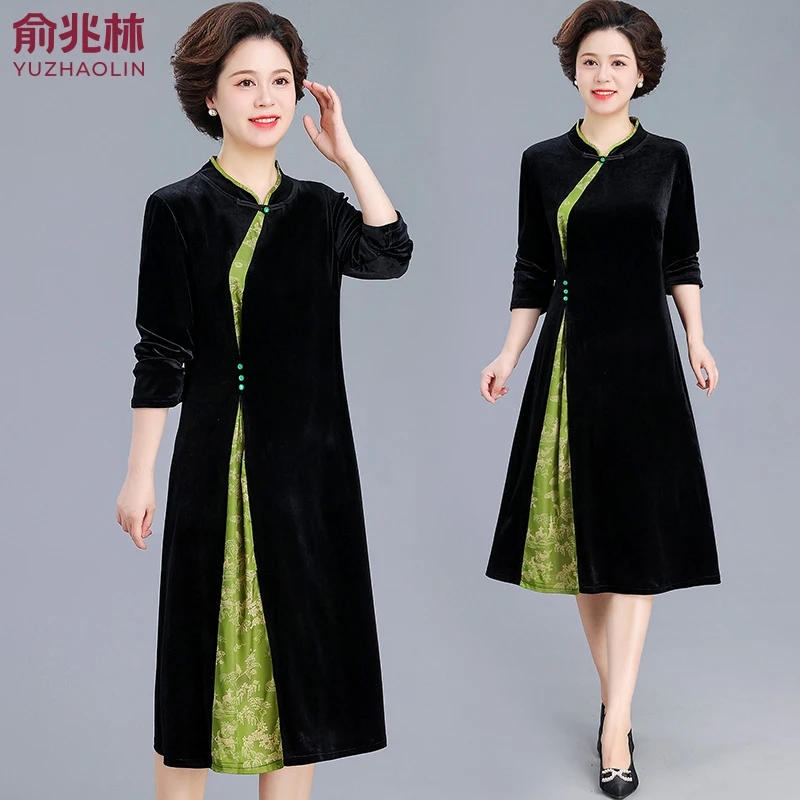 俞兆林新中式改良旗袍连衣裙春秋款金丝绒显瘦遮肚减龄中长款裙子
