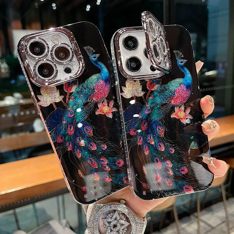 适用苹果系列iPhone16新款手机壳优雅银箔孔雀银灰色闪粉镜头支架