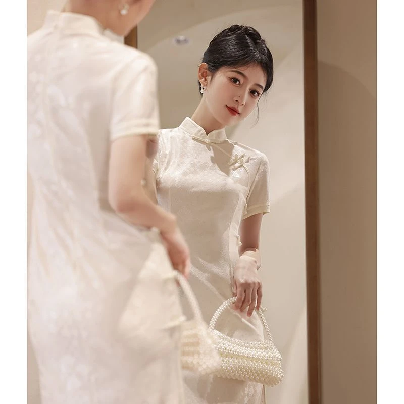 白色旗袍女新中式夏季新款2025中长款小个子改良年轻款少女显白瘦