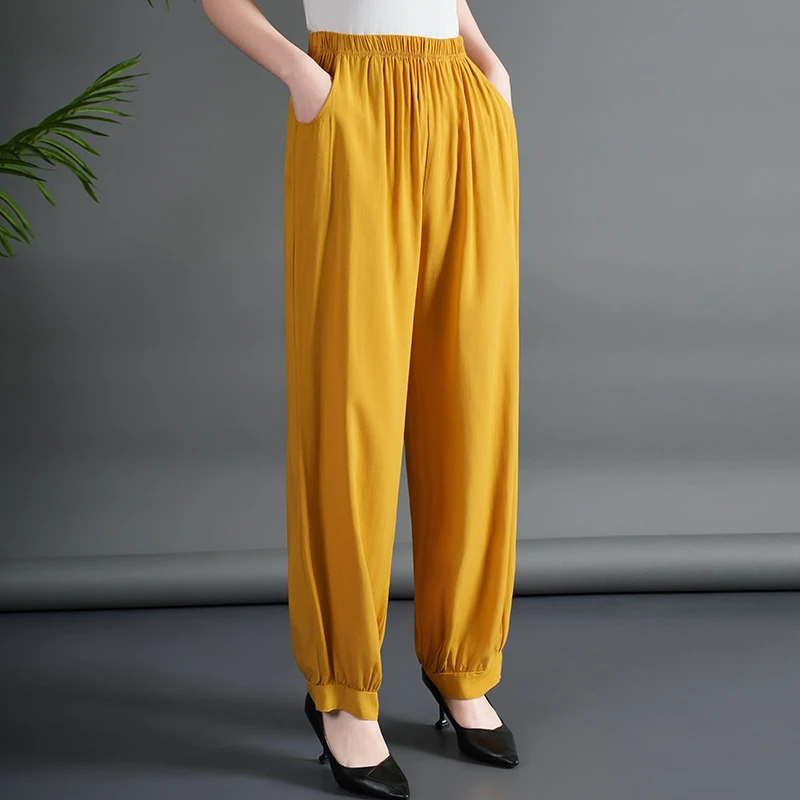 洋气纯色休闲裤女士大码中老年灯笼裤宽松棉绸裤子高腰妈妈防蚊裤