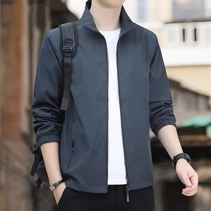 纯色翻领外套男士潮流百搭上衣春秋款运动宽松防风休闲夹克男