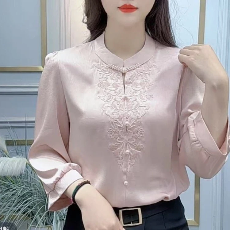 高级感钉珠纯色刺绣七分袖衬衫女2025春夏新款时尚百搭小众洋气衣