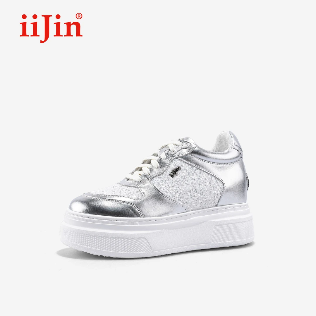 iiJin艾今25秋新品9cm厚底内增高超轻细闪拼接休闲板鞋女291GTE