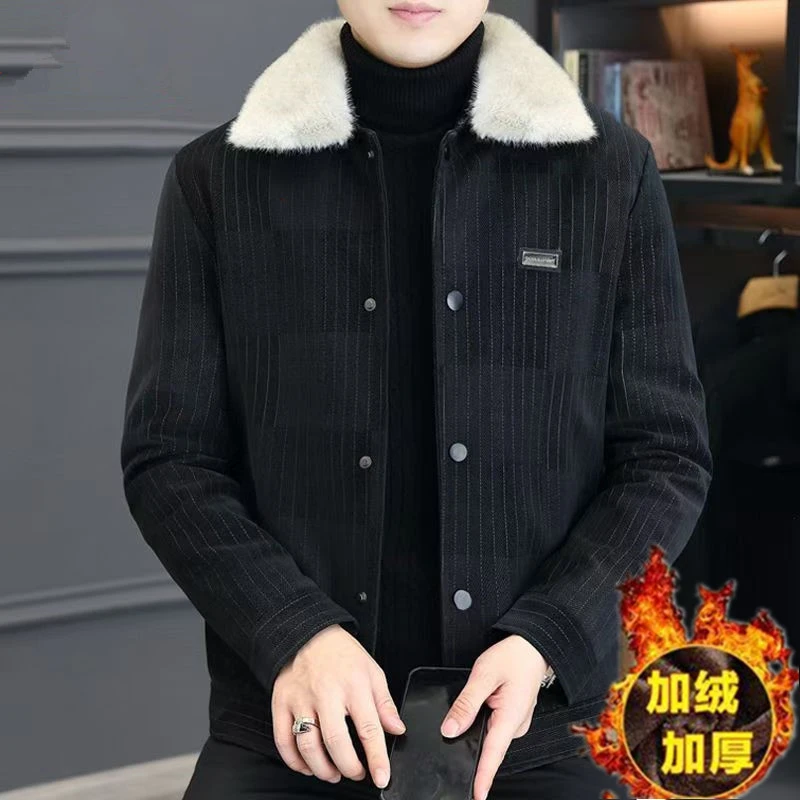 欧美风保暖上衣夹克常规款冬季男士毛领竖条纹休闲加厚加绒韩版