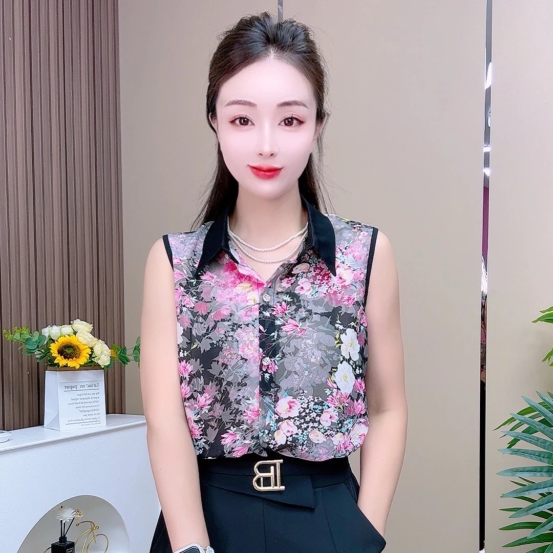 23163雪纺时尚百搭衬衣内搭上衣职业装马甲无袖衬衫女士内搭