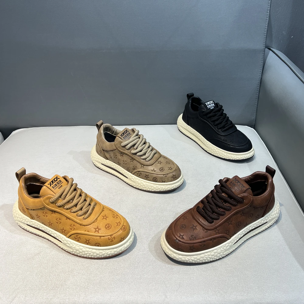 轻奢印花潮流休闲鞋时尚运动百搭软底软面舒适男潮流擦色圆头系带