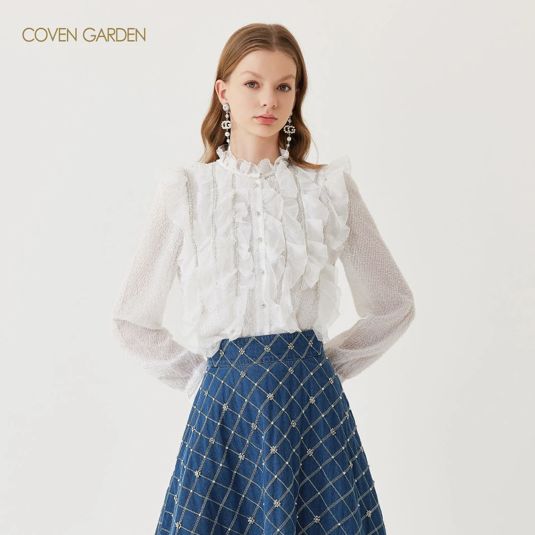 哥文花园 荷叶边门襟串链白衬衫 CLA1015330 COVEN GARDEN