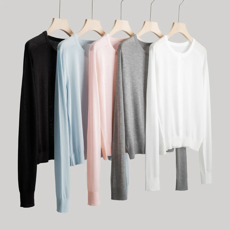 新款长袖针织薄款开衫气质百搭轻奢圆领开衫通勤简约纯色长袖开衫