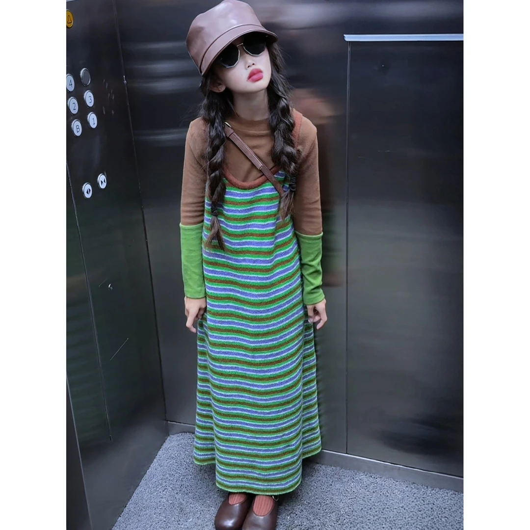 女童时髦条纹吊带裙秋冬2025新款儿童打底衫裙子针织连衣裙套装