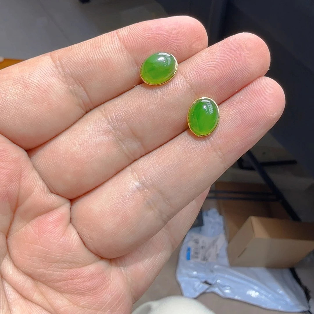 银S925镀金镶嵌和田玉（碧玉）耳饰