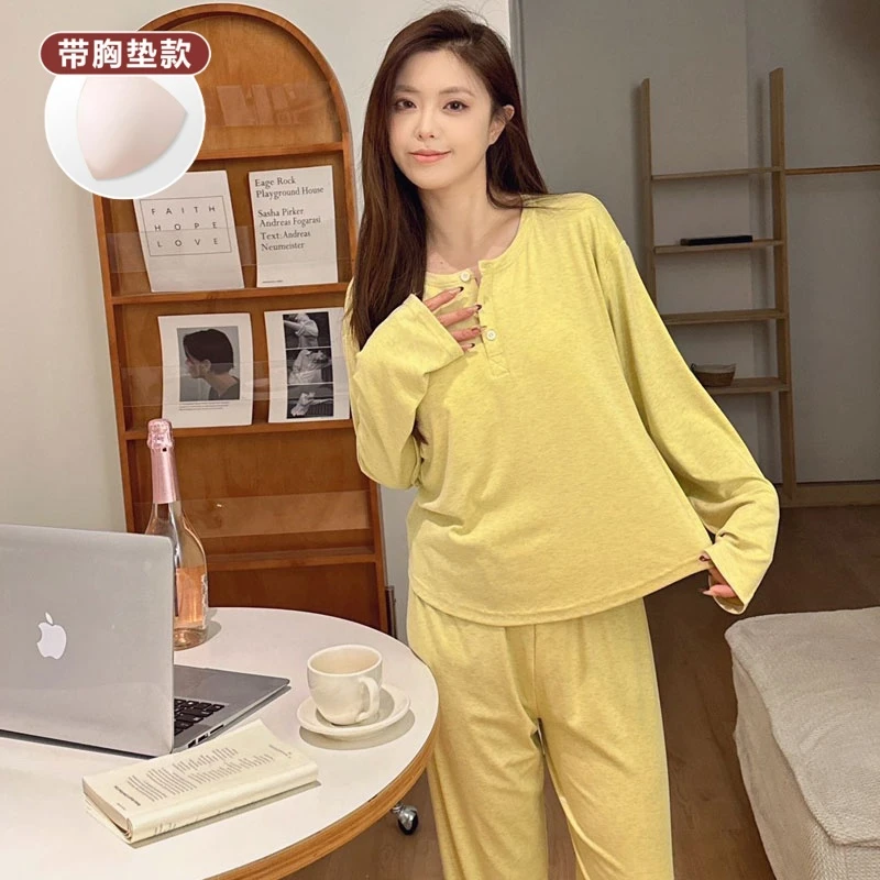 纽扣领睡衣女春秋款带胸垫防凸点可外穿懒人慵懒风彩棉家居服套装
