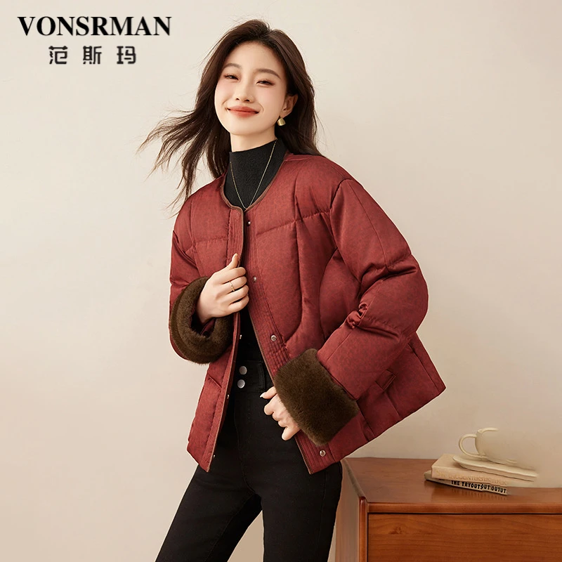 VONSRMAN时尚圆领羽绒服女2025冬季新款小个子轻薄保暖宽松短款外