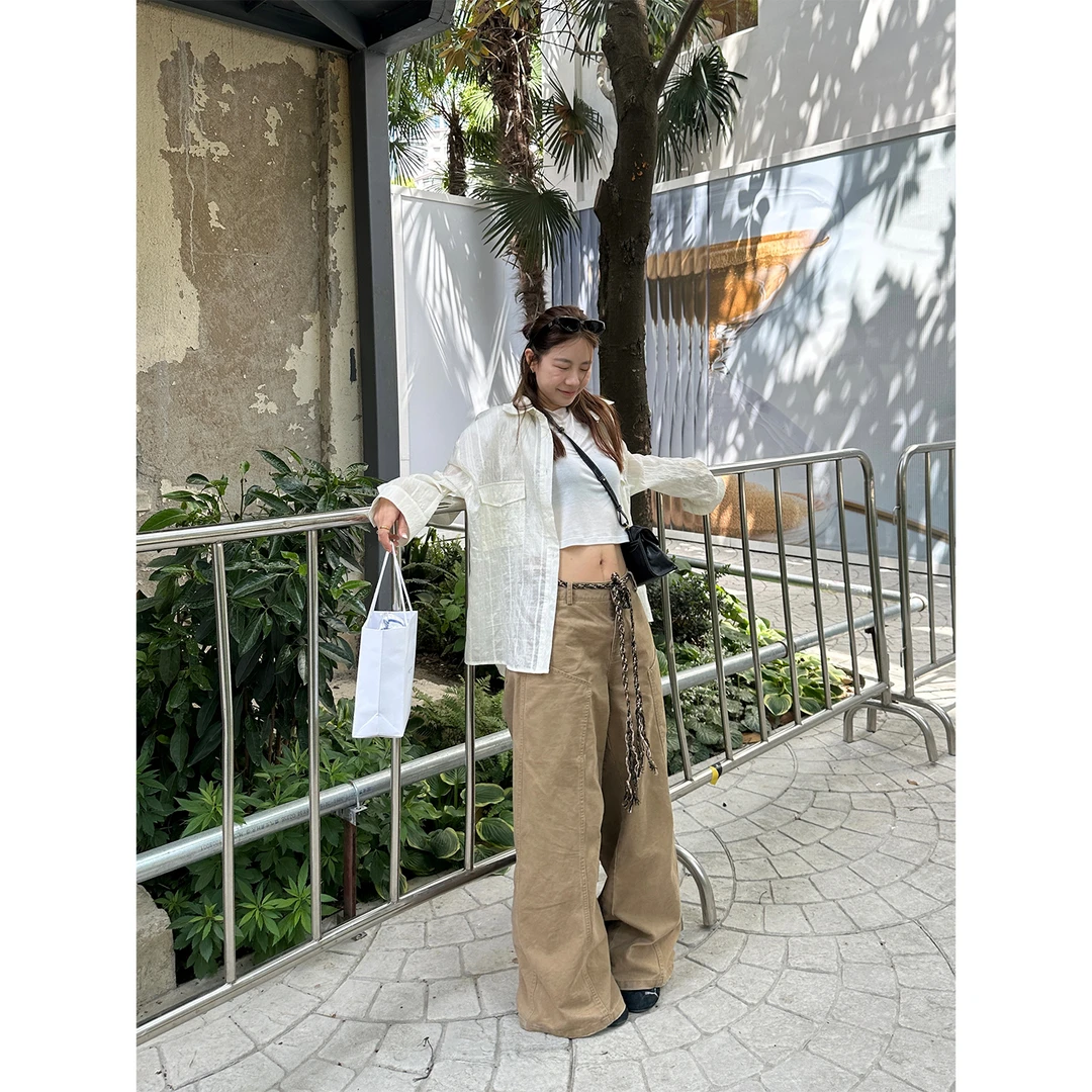 DYANGJUN【拉夫美学】棕色显瘦休闲百搭高腰弯刀阔腿裤