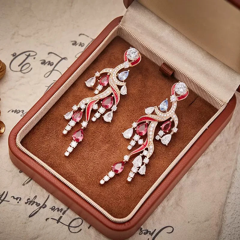 铜合金锆石耳饰 欧美复古气质重工耳环明星同款风尾流苏礼服耳饰