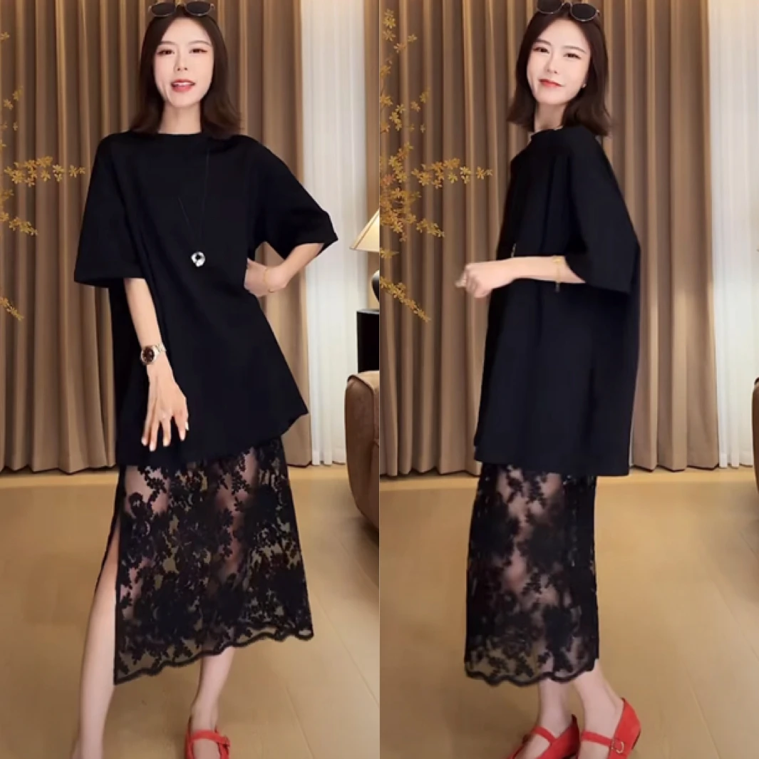 欧货洋气大版短袖T恤连衣裙女夏季宽松叠穿拼接蕾丝小黑裙两件套