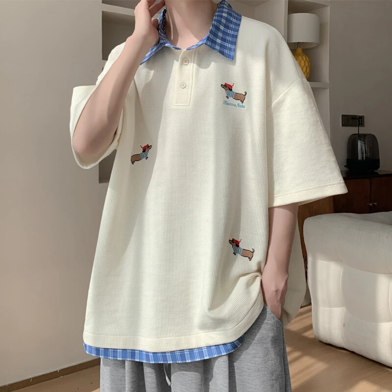 腊肠狗刺绣短袖polo衫男款夏季美式设计感拼接青少年宽松半袖T恤