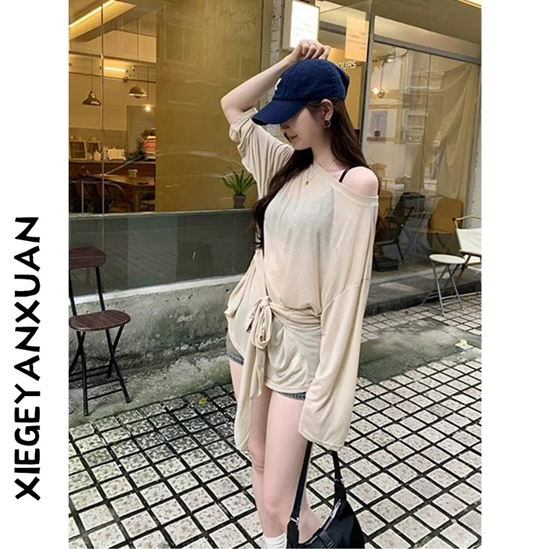 韩系宽松绑带长袖防晒T恤女春夏季新款打底空调罩衫露肩斜肩上衣