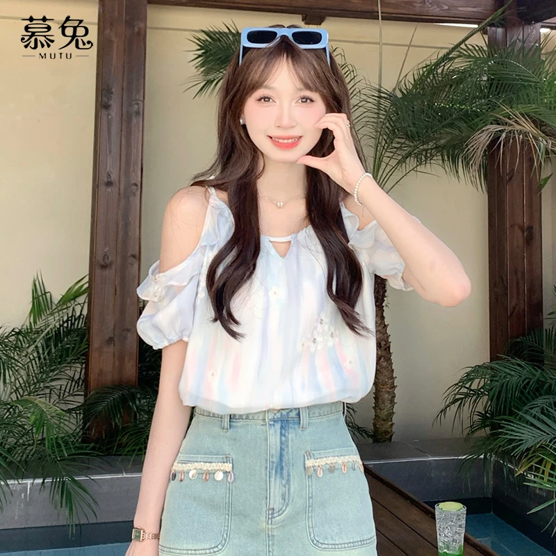 慕兔法式甜美小清新吊带衬衫女2025夏季新款小个子设计感小众上衣