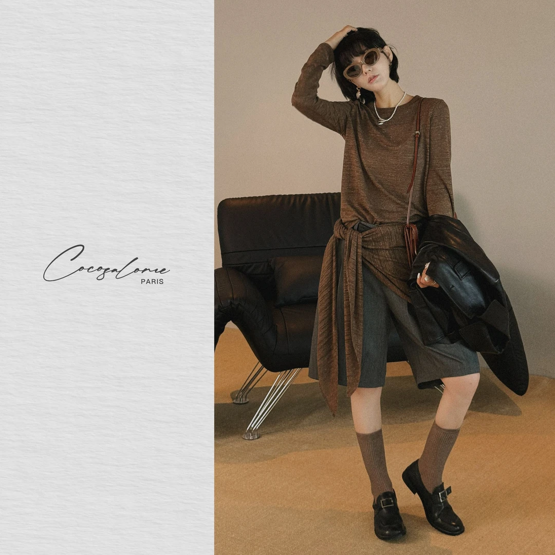 韩彬彬"咖啡"初秋出游可拆卸丝巾两件套高级慵懒百搭上衣943Y-1