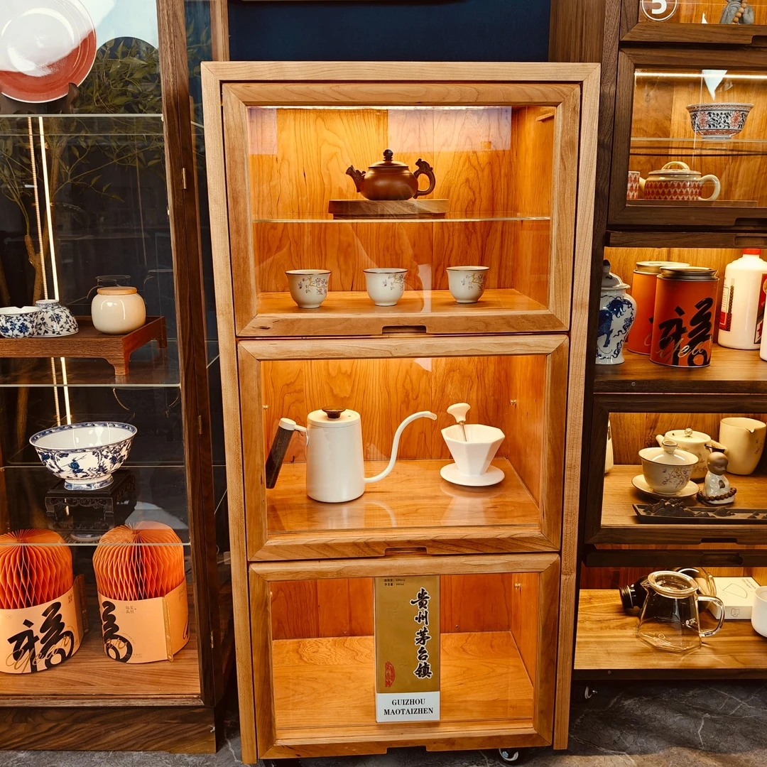 新品北美樱桃木文玩茶具收纳展示柜大容量简约新中式带灯可移动