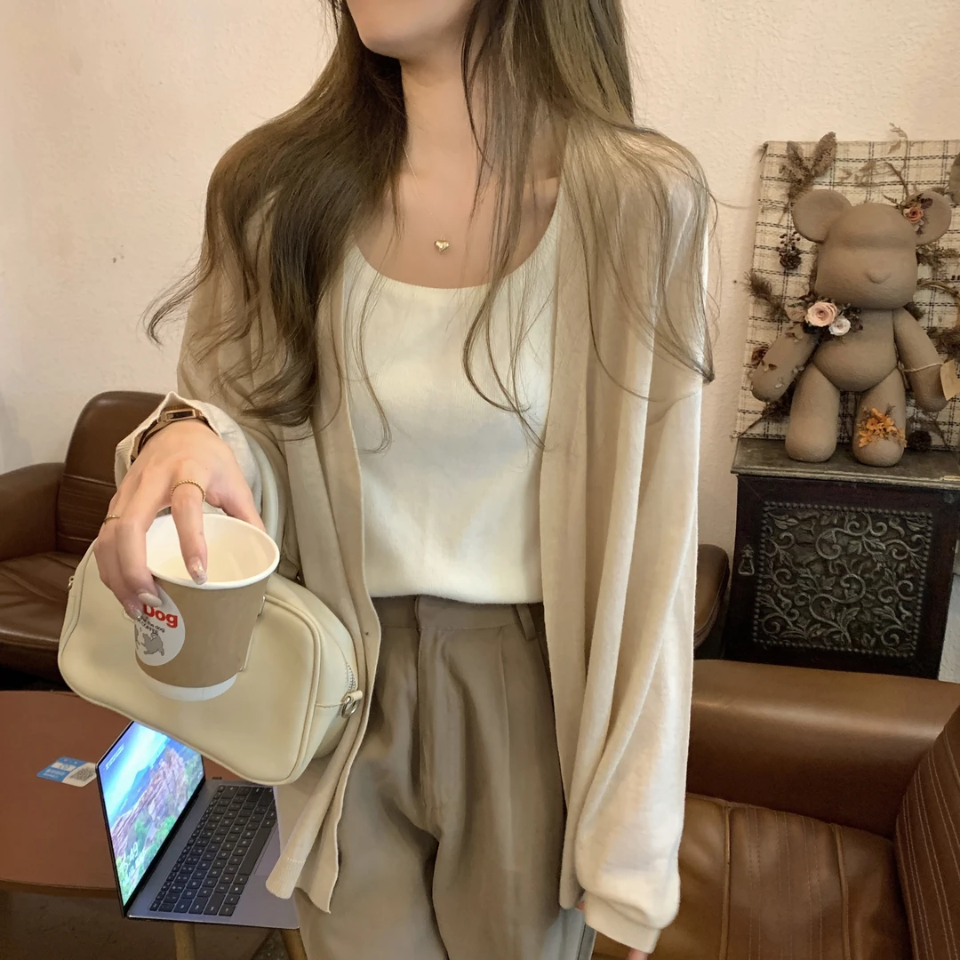 2025秋季新款韩系慵懒风宽松百搭纯色薄款长袖针织衫外套女装chic