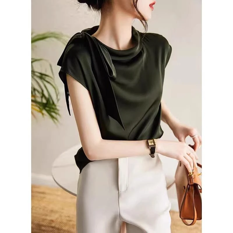 杜拉妮纯色法式洋气飘带设计感t恤休闲上衣百搭夏季新款小众无袖