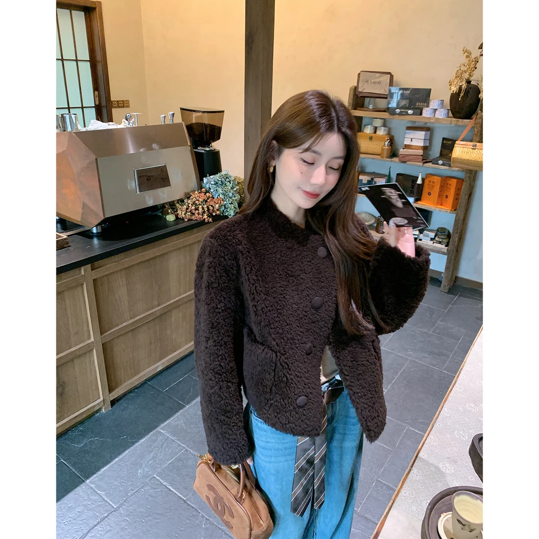2025秋冬新款羊羔毛外套女短款绵羊毛羊剪绒大衣小个子318