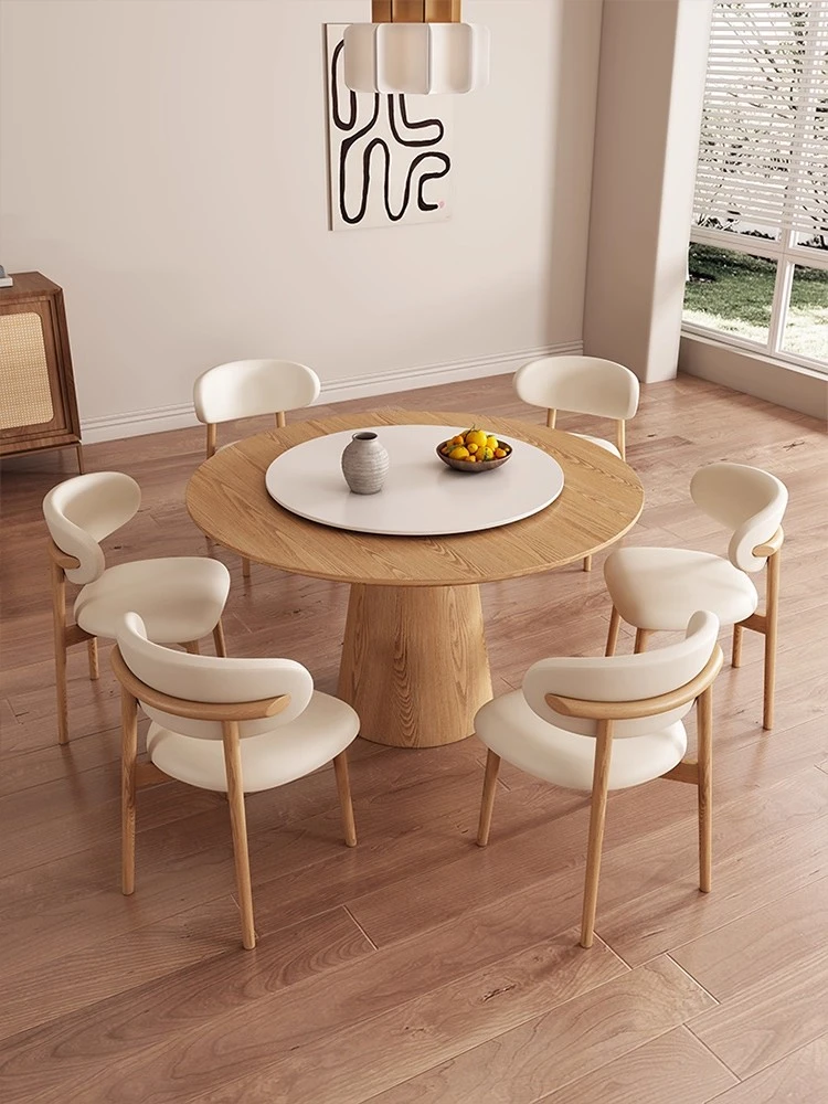 奶油风实木圆桌家用小户型餐桌椅组合圆形餐桌北欧轻奢简约吃饭桌
