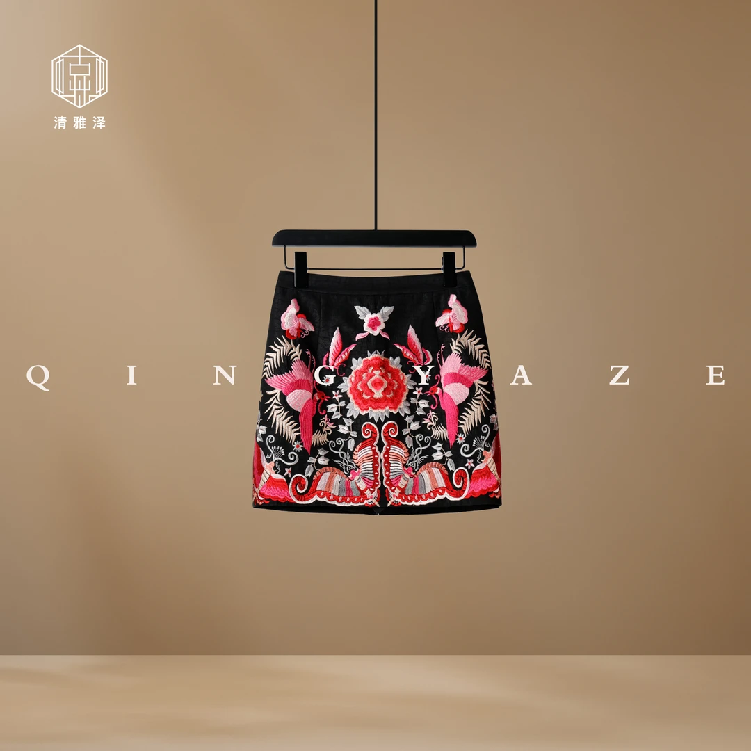 凤蝶舞！重工刺绣真丝香云纱龟裂纹半裙裙裤！GZ6019